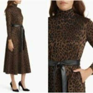 Anne Klein Leopard Print Dress With Pockets & Belt Size 10 Brown & Black Long Sl